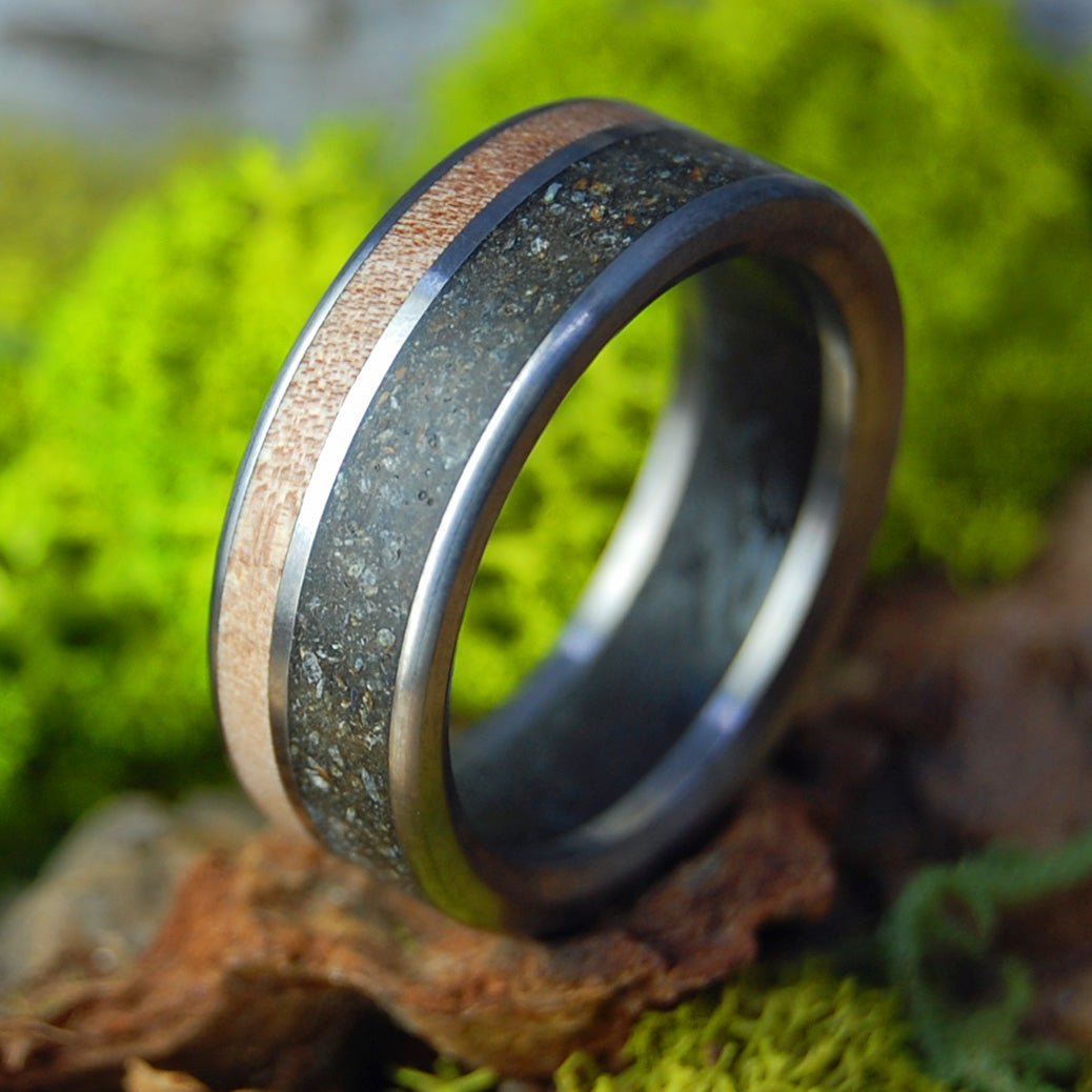 Life in Vermont | Men's Vermont Sugar Maple Wood, Vermont Soil, South River Conway MA Rocks, Titanium Wedding Ring - Minter and Richter Designs