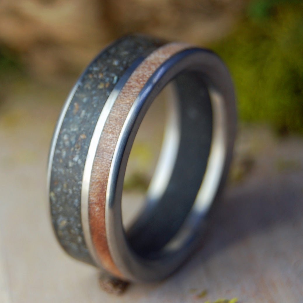 Life in Vermont | Men's Vermont Sugar Maple Wood, Vermont Soil, South River Conway MA Rocks, Titanium Wedding Ring - Minter and Richter Designs