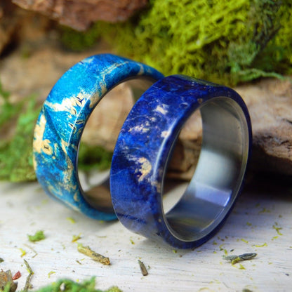 Light And Dark Reflection | Blue Box Elder Wood & Titanium - Unique Wedding Ring - Wedding Ring Set - Minter and Richter Designs