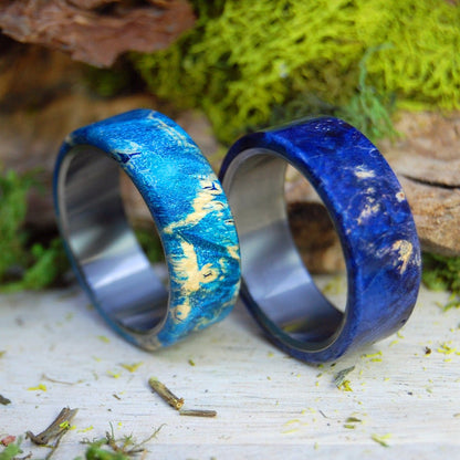 Light And Dark Reflection | Blue Box Elder Wood & Titanium - Unique Wedding Ring - Wedding Ring Set - Minter and Richter Designs