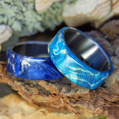 Light And Dark Reflection | Blue Box Elder Wood & Titanium - Unique Wedding Ring - Wedding Ring Set - Minter and Richter Designs