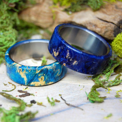 Light And Dark Reflection | Blue Box Elder Wood & Titanium - Unique Wedding Ring - Wedding Ring Set - Minter and Richter Designs
