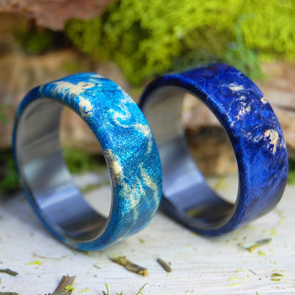 Light And Dark Reflection | Blue Box Elder Wood & Titanium - Unique Wedding Ring - Wedding Ring Set - Minter and Richter Designs