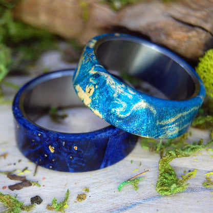 Light And Dark Reflection | Blue Box Elder Wood & Titanium - Unique Wedding Ring - Wedding Ring Set - Minter and Richter Designs