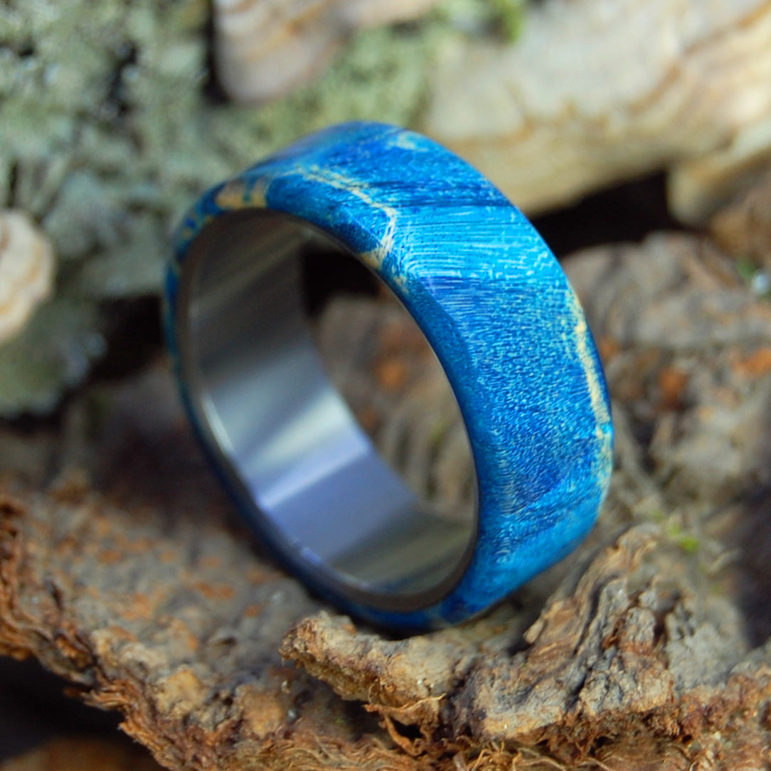 LIGHT REFLECTION | Light Blue Box Elder Wood & Titanium Wedding Band - Unique Wedding Rings - Minter and Richter Designs