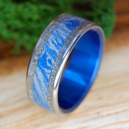 LONG ISLAND BLUE | Long Island Beach Sand, Blue Silver M3 & Titanium Wedding Ring - Minter and Richter Designs