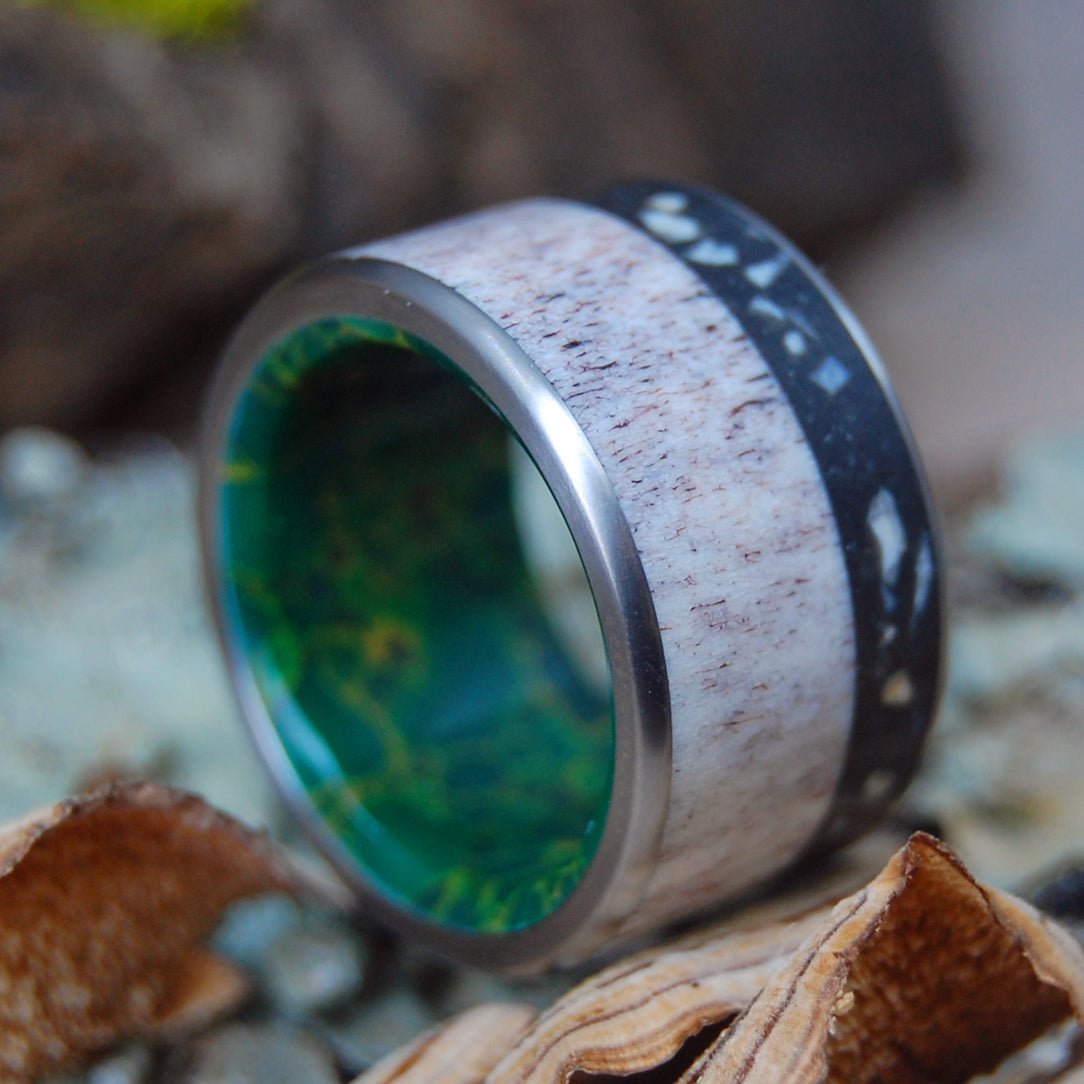 Long Island Moose | Men's Long Island NY Beach Sand, Moose Antler, Egyptian Jade & Titanium Wedding Ring - Minter and Richter Designs