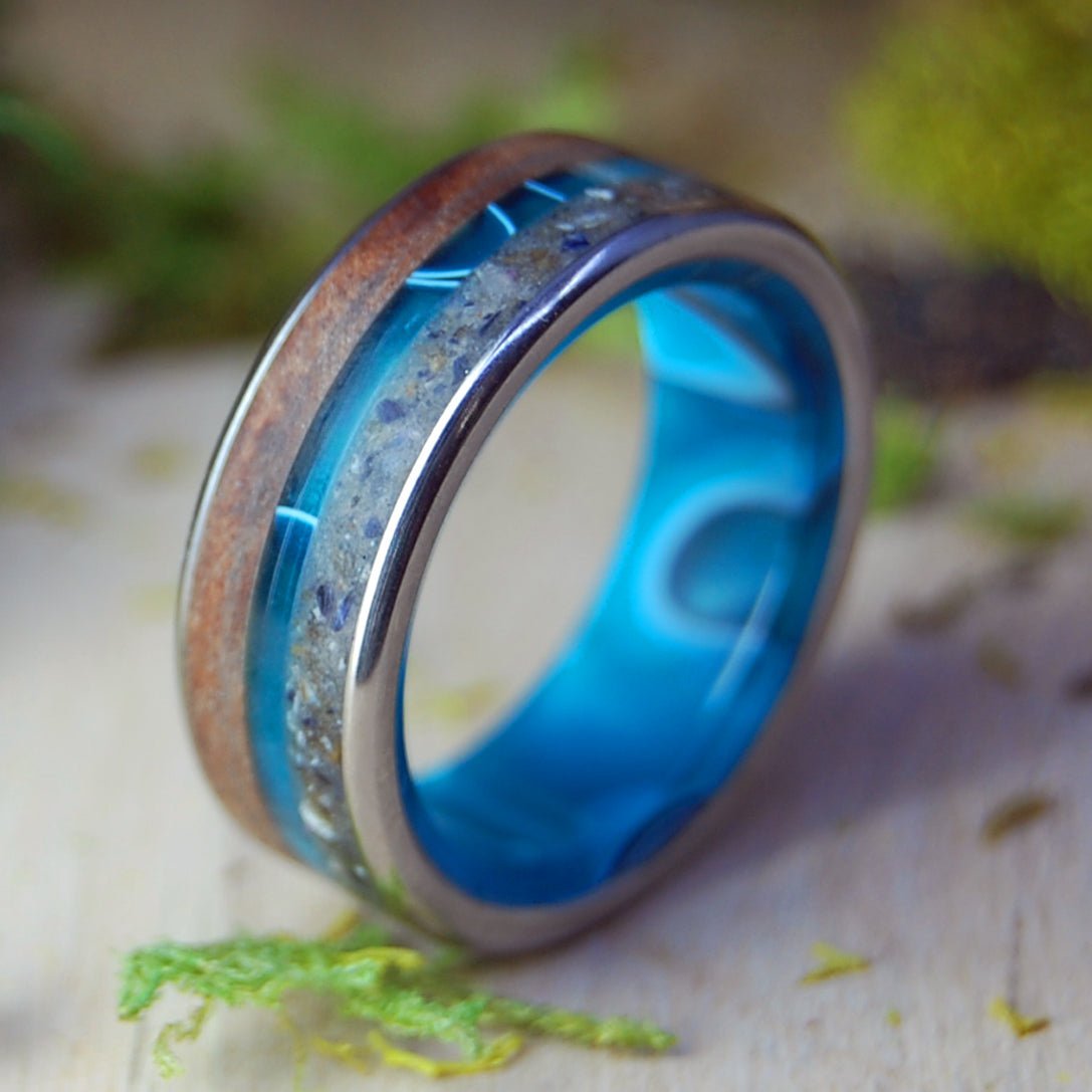LOVE BAY TO BAY | Aquatic Blue Resin & CA RedWood, Hawkes Bay New Zealand Sand - Beach Sand Ring - Wooden Wedding Ring - Minter and Richter Designs
