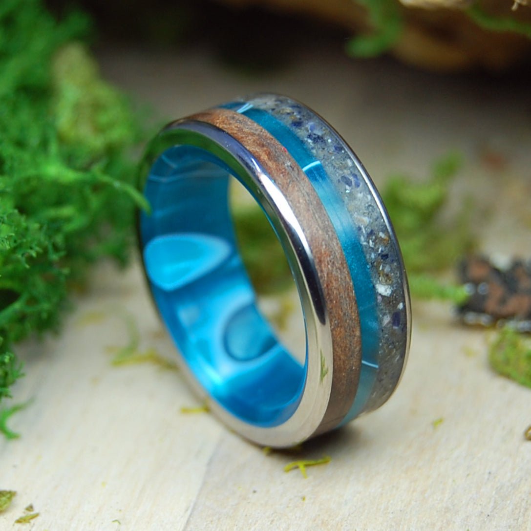 LOVE BAY TO BAY | Aquatic Blue Resin & CA RedWood, Hawkes Bay New Zealand Sand - Beach Sand Ring - Wooden Wedding Ring - Minter and Richter Designs
