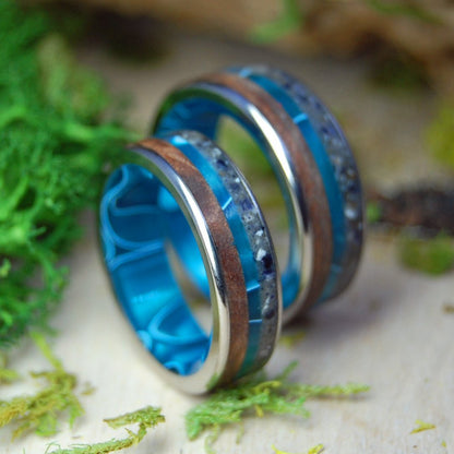 LOVE BAY TO BAY| Aquatic Blue Resin & CA RedWood, Hawkes Bay New Zealand Sand - His & Hers Wedding Band Set - Wooden Wedding Rings - Minter and Richter Designs