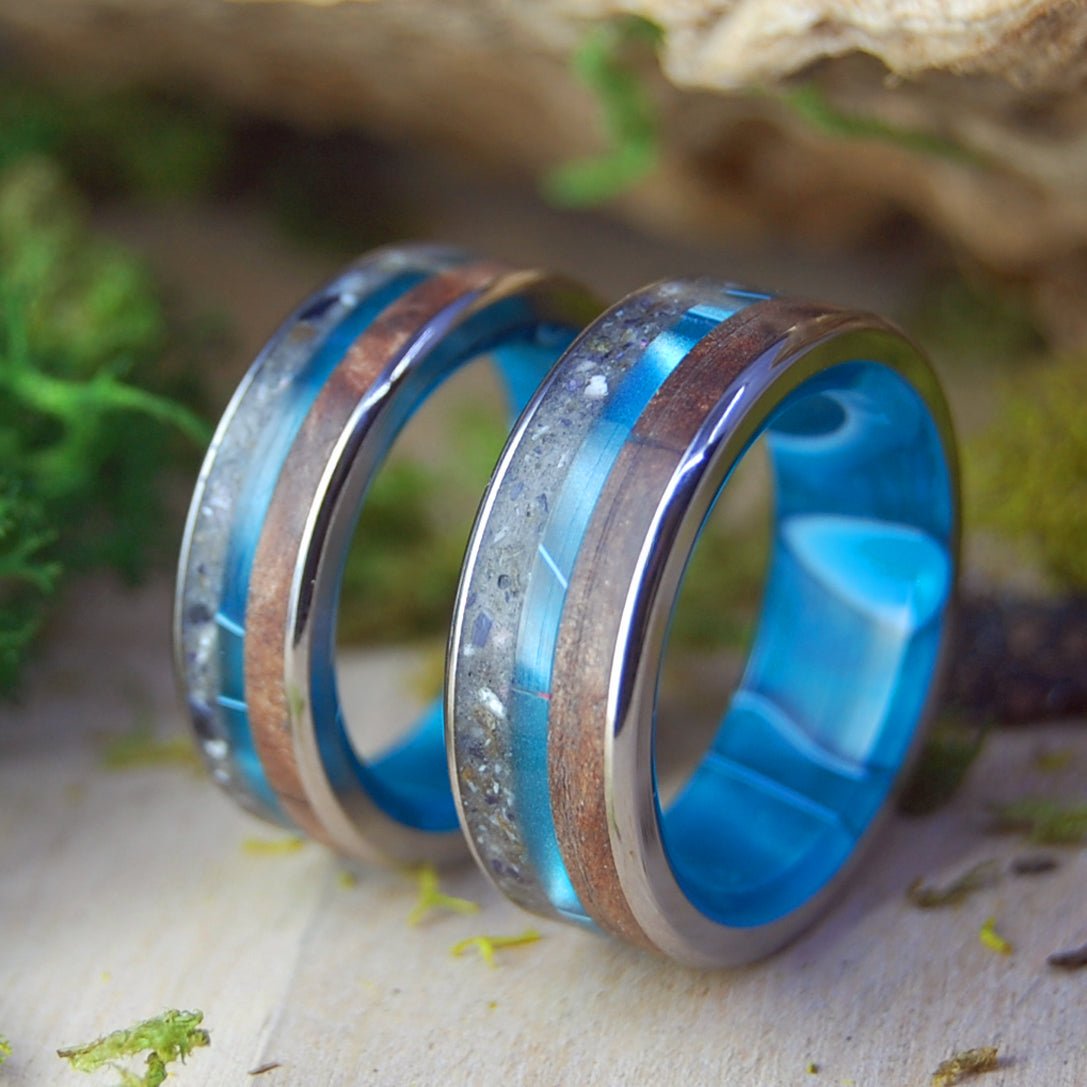 LOVE BAY TO BAY| Aquatic Blue Resin & CA RedWood, Hawkes Bay New Zealand Sand - His & Hers Wedding Band Set - Wooden Wedding Rings - Minter and Richter Designs