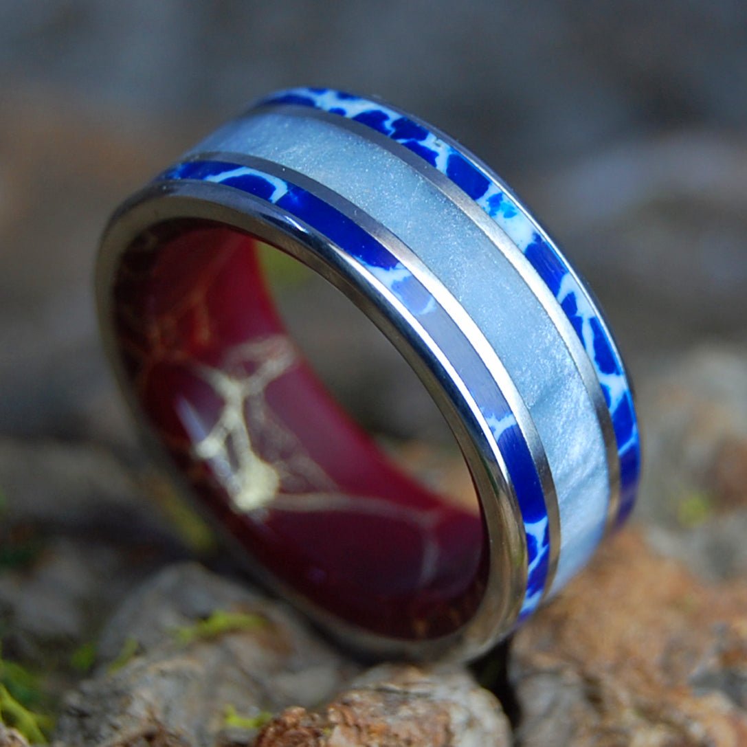 LOVE IN REVERE | Gray Marbled Resin, Cobalt, Jasper & Titanium - Unique Wedding Ring - Minter and Richter Designs