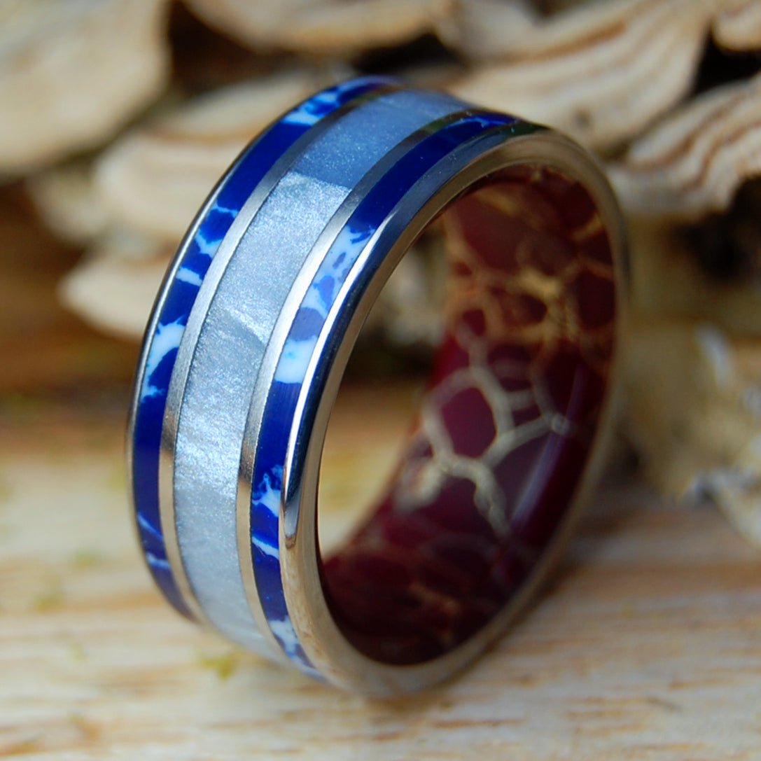 LOVE IN REVERE | Gray Marbled Resin, Cobalt, Jasper & Titanium - Unique Wedding Ring - Minter and Richter Designs