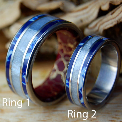 LOVE IN REVERE | Gray Marbled Resin, Cobalt, Jasper & Titanium - Unique Wedding Rings - Minter and Richter Designs