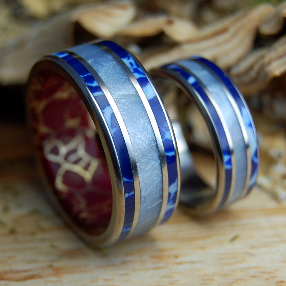 LOVE IN REVERE | Gray Marbled Resin, Cobalt, Jasper & Titanium - Unique Wedding Rings - Minter and Richter Designs