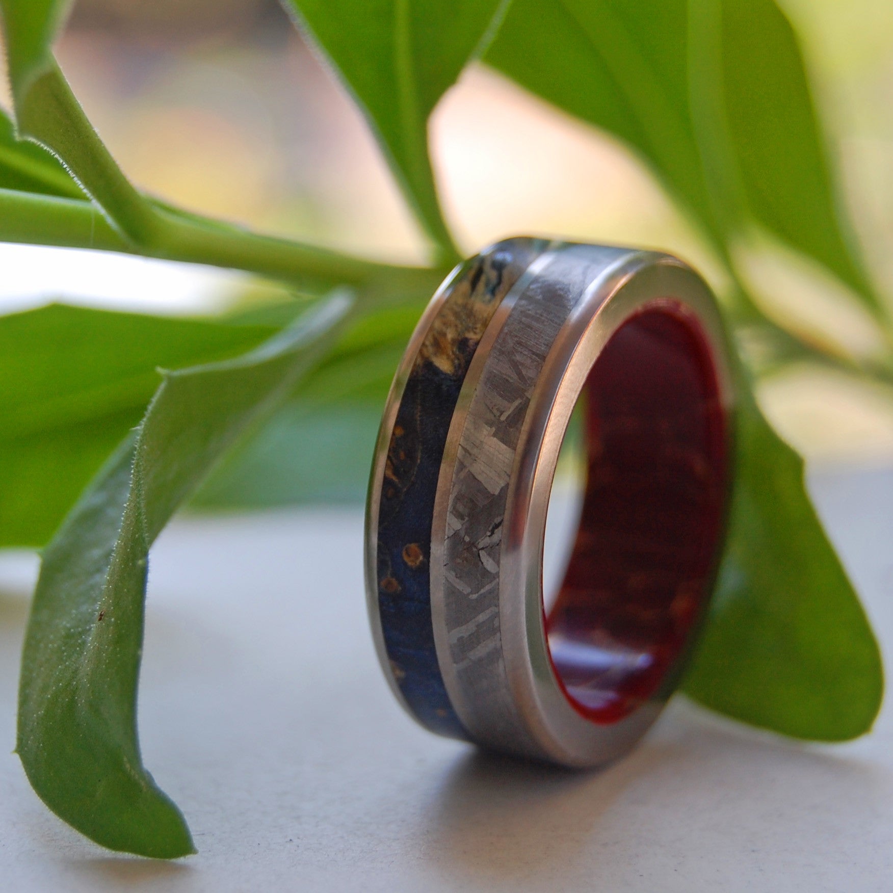 Love Superpower | Men's Meteorite, Blue Box Elder Wood, Red Jasper Stone & Titanium Wedding Ring - Minter and Richter Designs