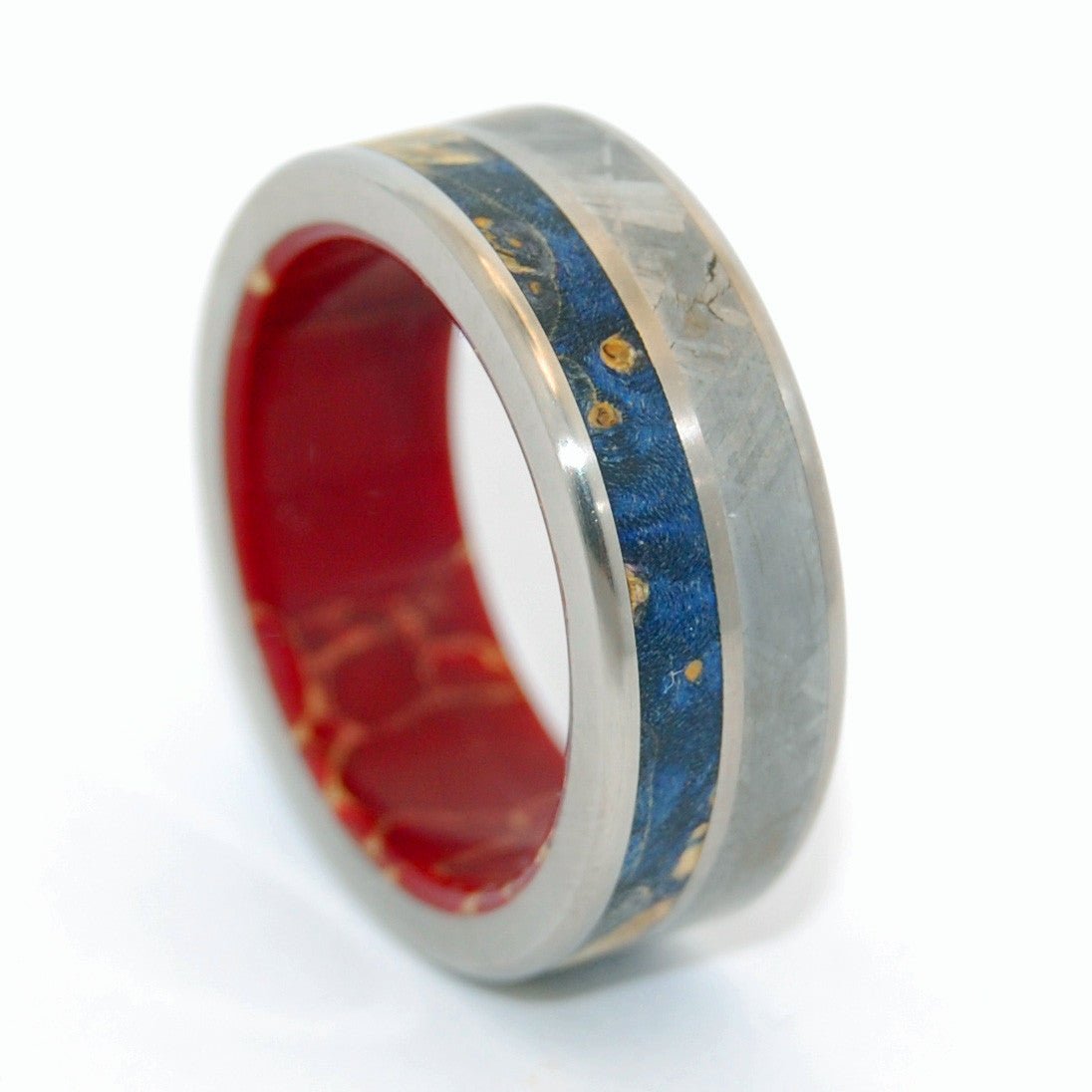 Love Superpower | Men's Meteorite, Blue Box Elder Wood, Red Jasper Stone & Titanium Wedding Ring - Minter and Richter Designs