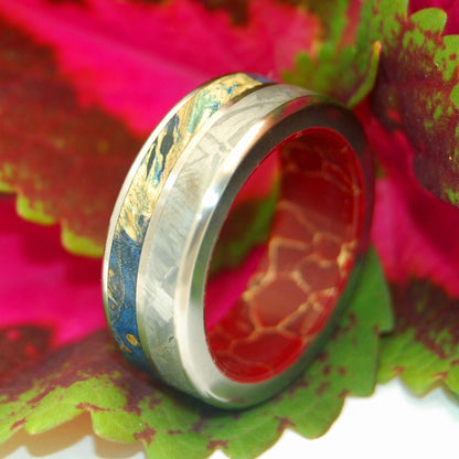 Love Superpower | Men's Meteorite, Blue Box Elder Wood, Red Jasper Stone & Titanium Wedding Ring - Minter and Richter Designs