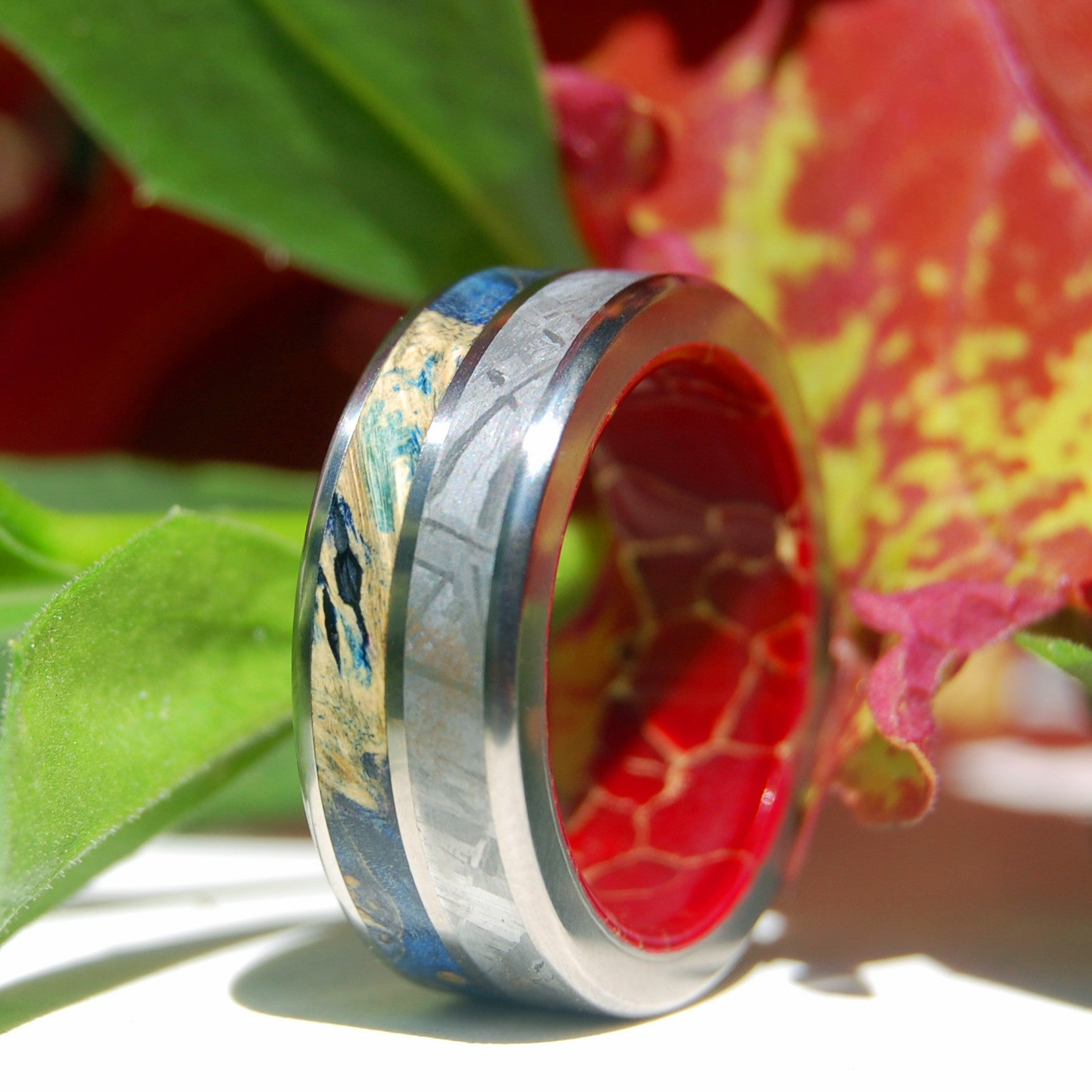 Love Superpower | Men's Meteorite, Blue Box Elder Wood, Red Jasper Stone & Titanium Wedding Ring - Minter and Richter Designs