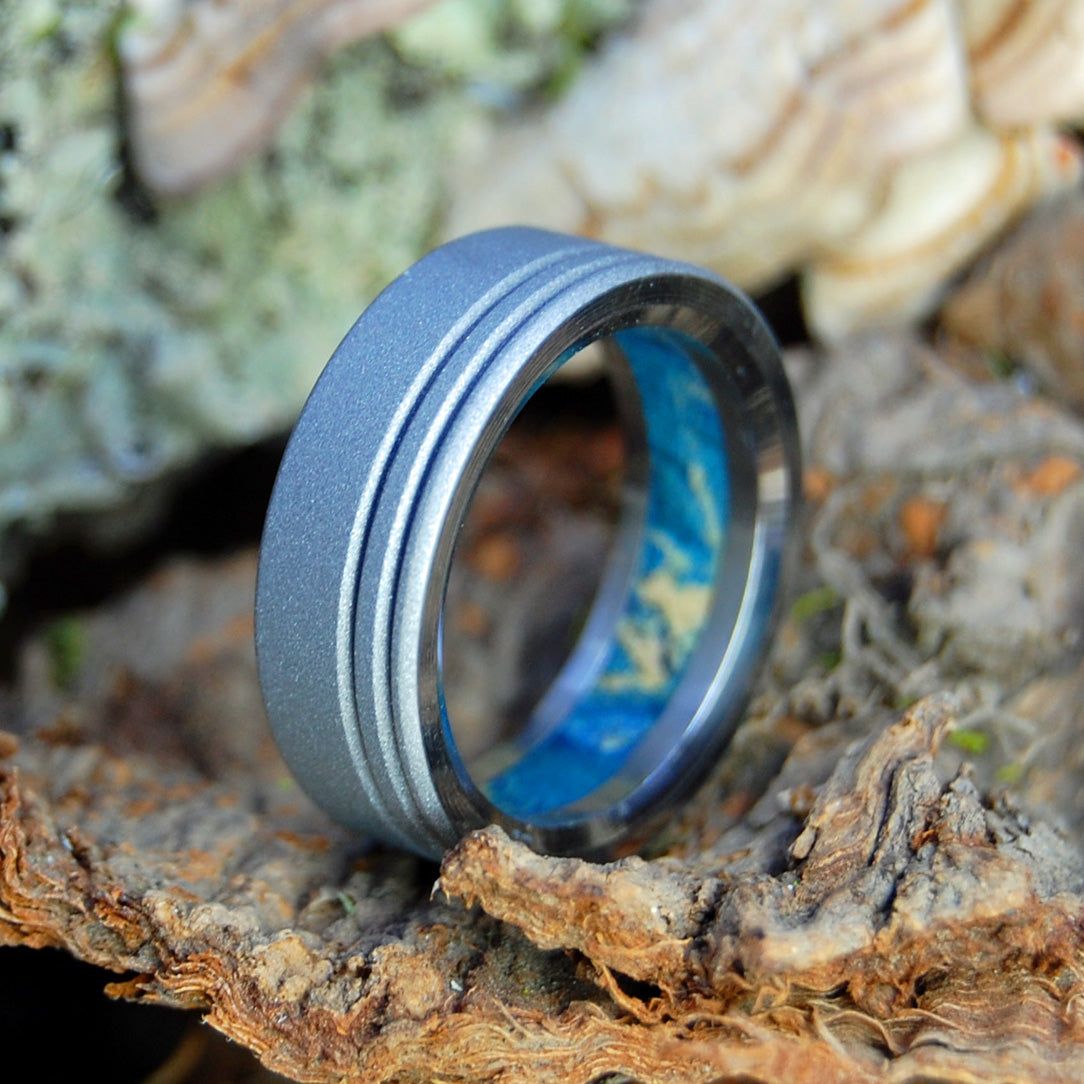 LOVED IN BLUE | Blue Box Elder Wood & Titanium - Unique Wedding Rings - Titanium Wedding Rings - Minter and Richter Designs