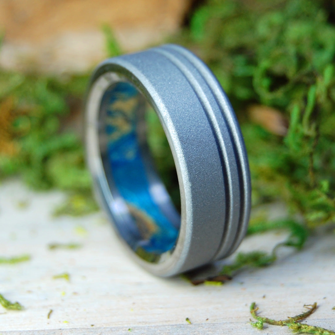 LOVED IN BLUE | Blue Box Elder Wood & Titanium - Unique Wedding Rings - Titanium Wedding Rings - Minter and Richter Designs