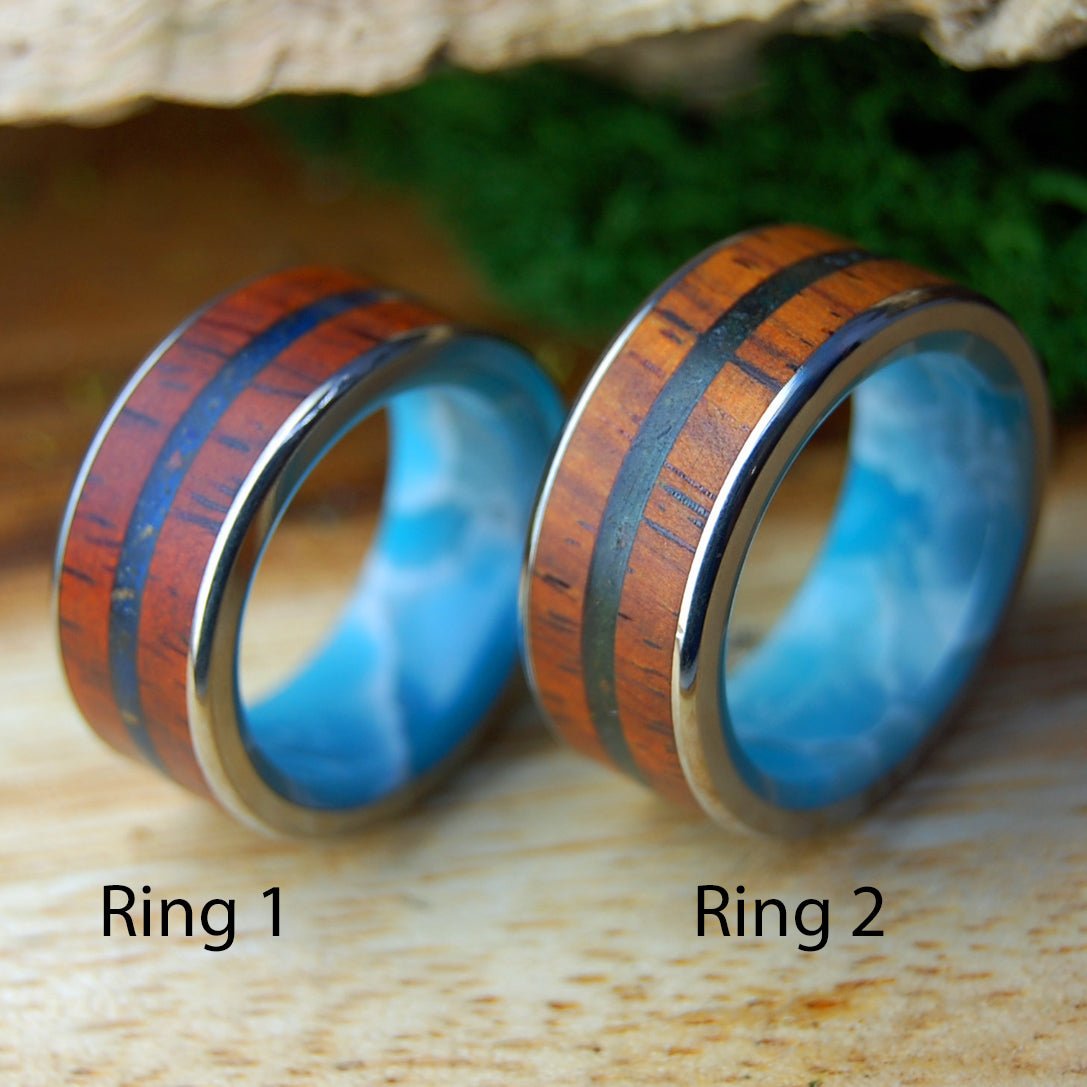 LOW COUNTRY SHARKS SET | Men's Cocobolo Wood, South Carolina Sand, Shark Teeth & Titanium Wedding Rings - Minter and Richter Designs