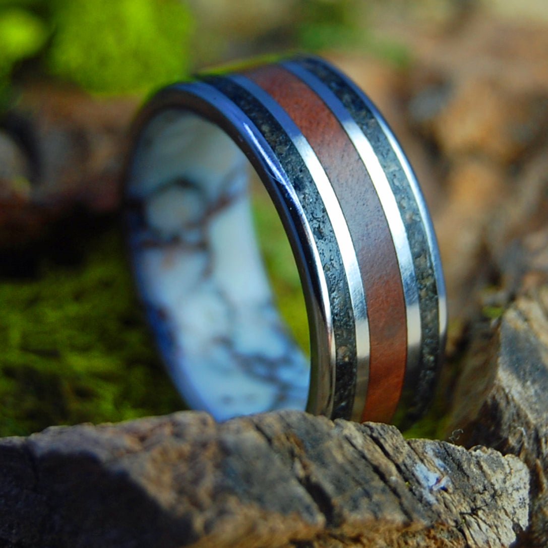 Madrone Wood Oregon | Men's Black Beach Sand, Madrone Wood, Wild Horse Jasper & Titanium Wedding Ring - Minter and Richter Designs