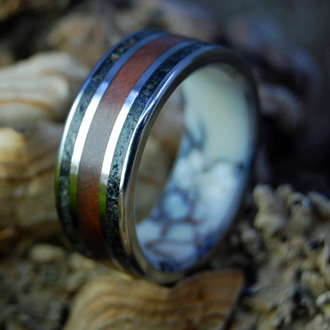 Madrone Wood Oregon | Men's Black Beach Sand, Madrone Wood, Wild Horse Jasper & Titanium Wedding Ring - Minter and Richter Designs