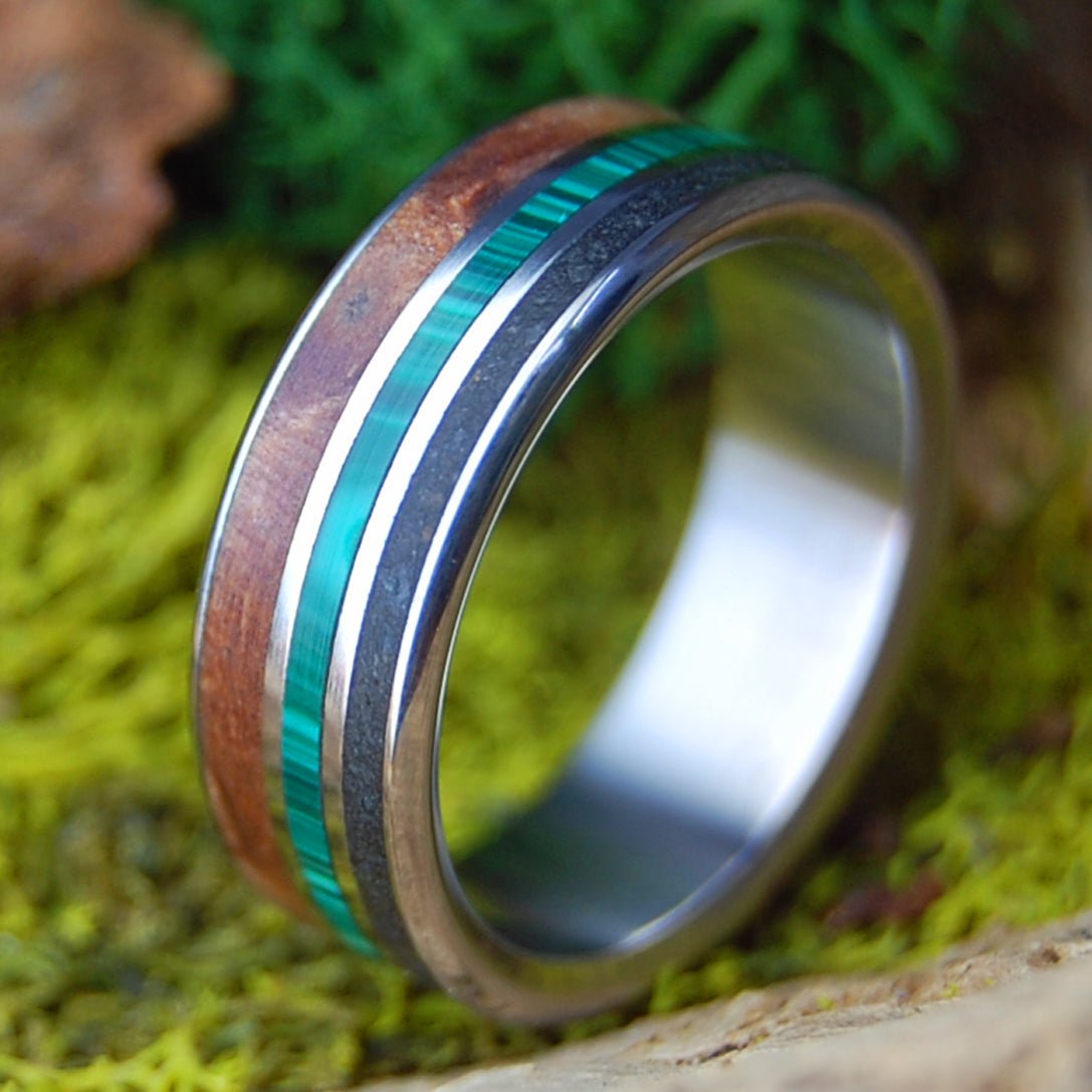 MALACHITE UNITES OR & CA | Malachite Stone, Oregon Lava, CA Redwood & Titanium Wedding Ring - Minter and Richter Designs