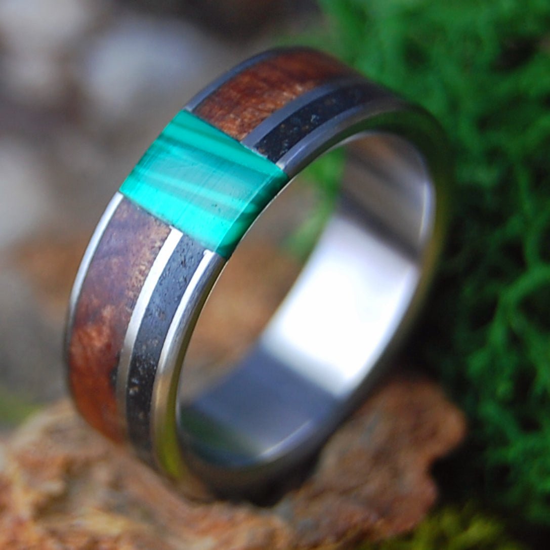 MALACHITE UNITES OR & CA VERTICAL | Malachite Stone, Oregon Lava, CA Redwood & Titanium Wedding Ring - Minter and Richter Designs