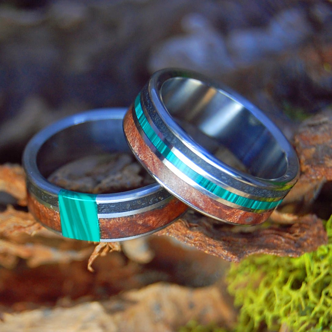 MALACHITE UNITES SET | Malachite Stone, Oregon Lava, CA Redwood & Titanium Wedding Rings - Minter and Richter Designs