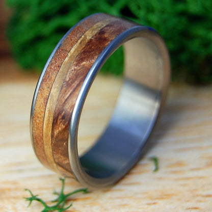 MAPLE GOLDEN BURL | Men's Maple Burl, Dark Maple & Golden Box Elder Wood & Titanium Wedding Ring - Minter and Richter Designs