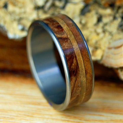 MAPLE GOLDEN BURL | Men's Maple Burl, Dark Maple & Golden Box Elder Wood & Titanium Wedding Ring - Minter and Richter Designs