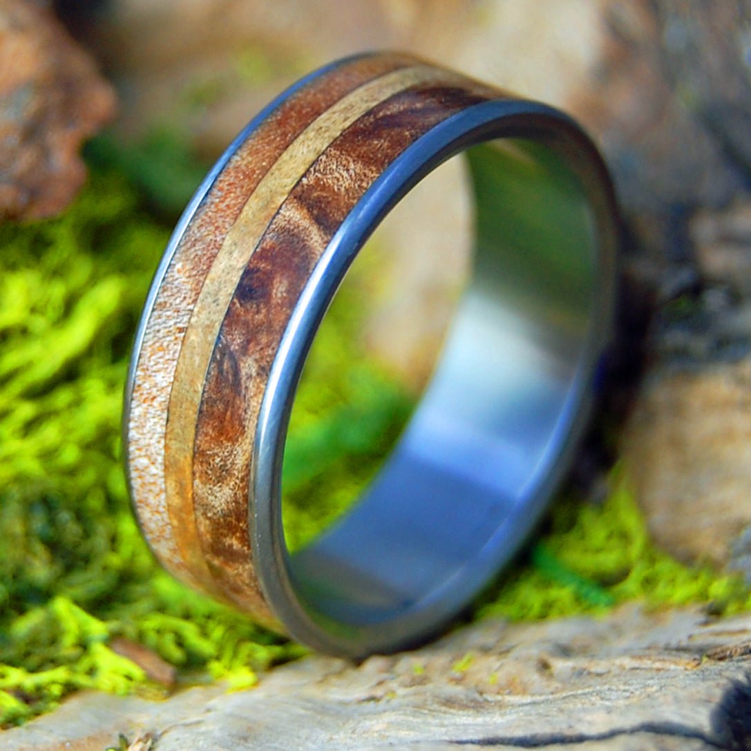 MAPLE GOLDEN BURL | Men's Maple Burl, Dark Maple & Golden Box Elder Wood & Titanium Wedding Ring - Minter and Richter Designs