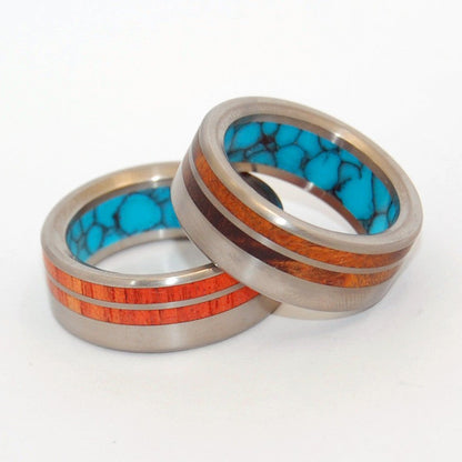 Meant To Be | Tulip Wood, Ironwood, Turquoise & Titanium - Unique Wedding Ring Set - Minter and Richter Designs