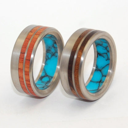 Meant To Be | Tulip Wood, Ironwood, Turquoise & Titanium - Unique Wedding Ring Set - Minter and Richter Designs