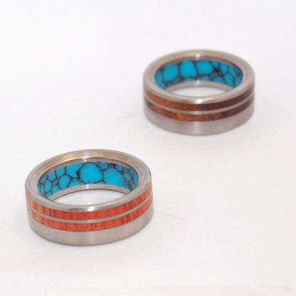 Meant To Be | Tulip Wood, Ironwood, Turquoise & Titanium - Unique Wedding Ring Set - Minter and Richter Designs