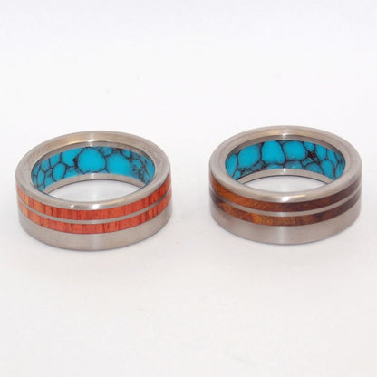 Meant To Be | Tulip Wood, Ironwood, Turquoise & Titanium - Unique Wedding Ring Set - Minter and Richter Designs