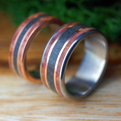 MEET ME AT GODAFOSS I & II SET | Amboyna Burl, Lava, Copper & Titanium Wedding Rings Set - Minter and Richter Designs
