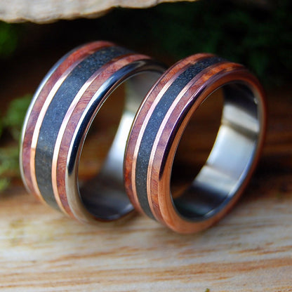 MEET ME AT GODAFOSS I & II SET | Amboyna Burl, Lava, Copper & Titanium Wedding Rings Set - Minter and Richter Designs