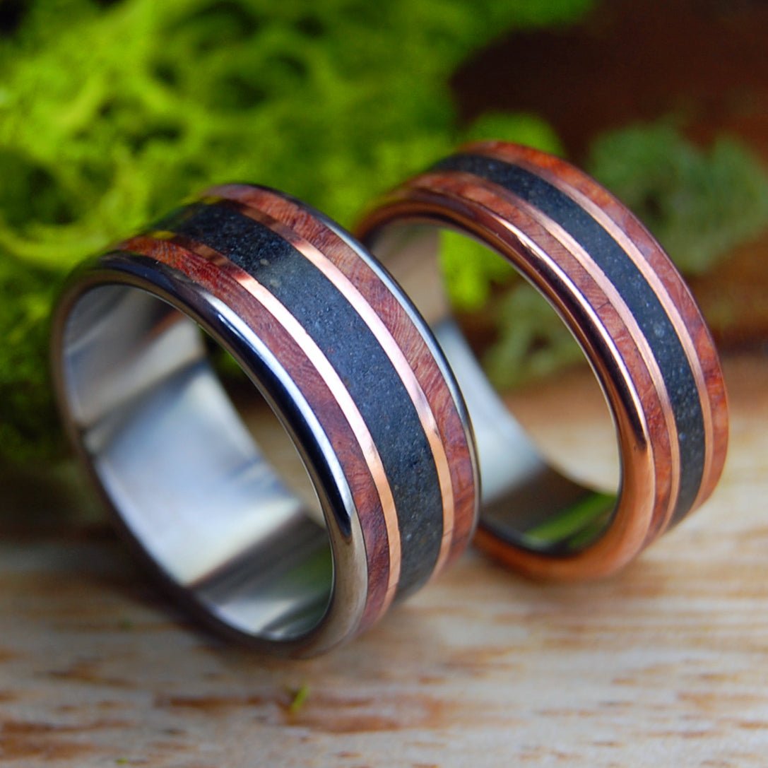 MEET ME AT GODAFOSS I & II SET | Amboyna Burl, Lava, Copper & Titanium Wedding Rings Set - Minter and Richter Designs