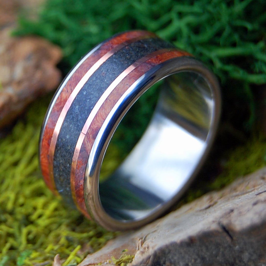 MEET ME AT GODAFOSS I | Men's Amboyna Burl, Icelandic Lava & Titanium Wedding Ring - Minter and Richter Designs
