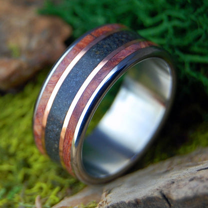 MEET ME AT GODAFOSS I | Men's Amboyna Burl, Icelandic Lava & Titanium Wedding Ring - Minter and Richter Designs
