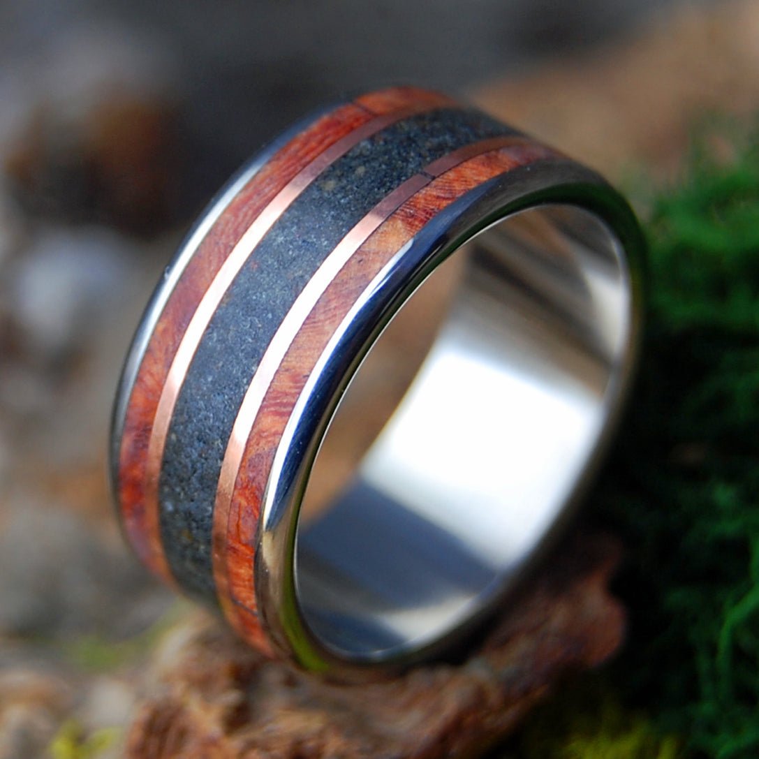 MEET ME AT GODAFOSS I | Men's Amboyna Burl, Icelandic Lava & Titanium Wedding Ring - Minter and Richter Designs