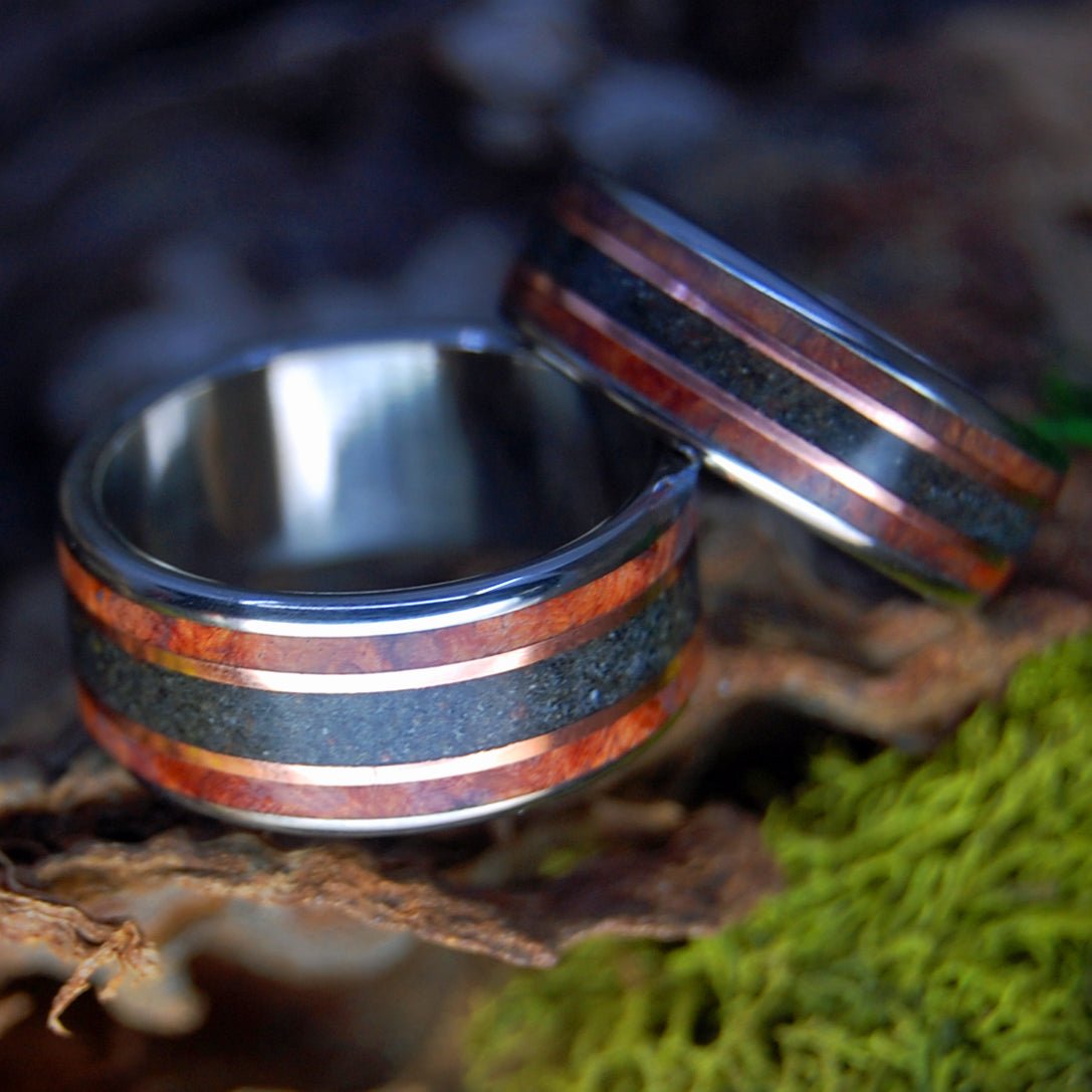 MEET ME AT GODAFOSS I SET | Amboyna Burl, Lava, Copper & Titanium Wedding Rings Set - Minter and Richter Designs