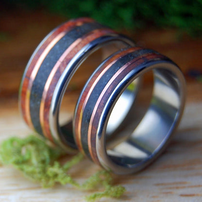 MEET ME AT GODAFOSS I SET | Amboyna Burl, Lava, Copper & Titanium Wedding Rings Set - Minter and Richter Designs