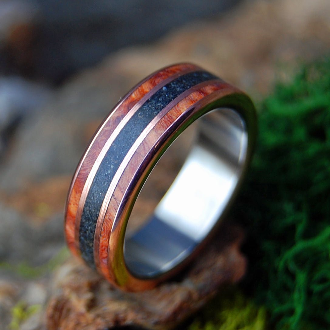 MEET ME AT GODAFOSS II | Amboyna Burl, Icelandic Lava, Copper & Titanium Wedding Ring - Minter and Richter Designs