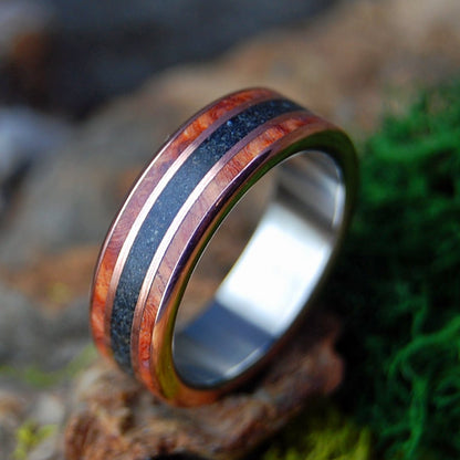 MEET ME AT GODAFOSS II | Amboyna Burl, Icelandic Lava, Copper & Titanium Wedding Ring - Minter and Richter Designs