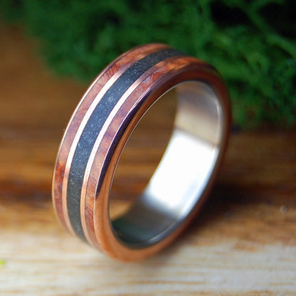 MEET ME AT GODAFOSS II | Amboyna Burl, Icelandic Lava, Copper & Titanium Wedding Ring - Minter and Richter Designs