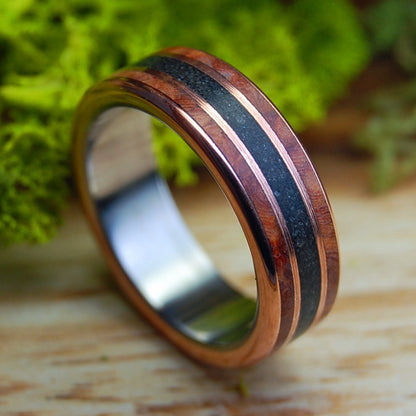 MEET ME AT GODAFOSS II | Amboyna Burl, Icelandic Lava, Copper & Titanium Wedding Ring - Minter and Richter Designs